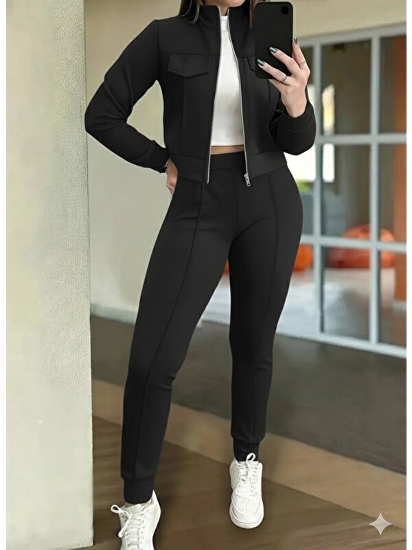 Jane's Kadın Uzun Kollu önden Fermuarlı Kısa Modal Ceket Ve Pantolon Ikili Takım