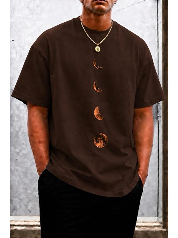 Oksit Moon Baskılı Bisiklet Yaka Pamuklu Erkek T-Shirt Rahat Kesim