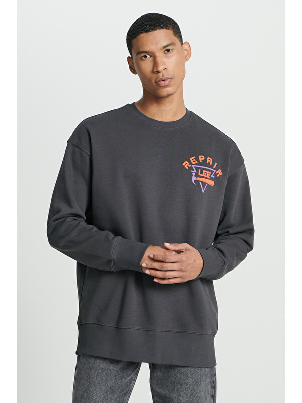 Lee Loose Fit Rahat Kesim Bisiklet Yaka İçi Polarlı Sırt Baskılı Antrasit Sweatshirt
