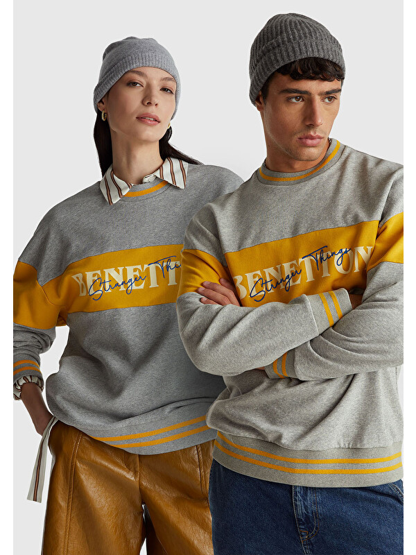 United Colors Of Benetton Unisex Gri Melanj Stranger Things Renk Bloklu Sweatshirt