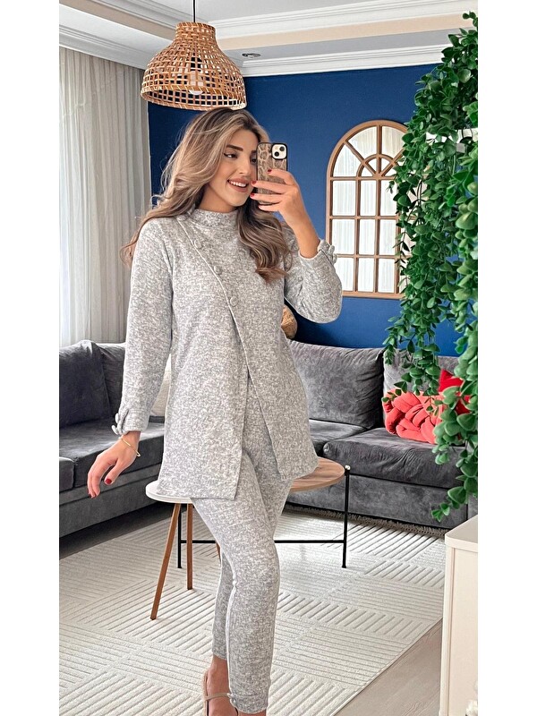 Jane's Kadın Uzun Kollu Balıkçı Yaka önden Düğmeli Bluz Ve Pantolon Yumoş Ikili Takım