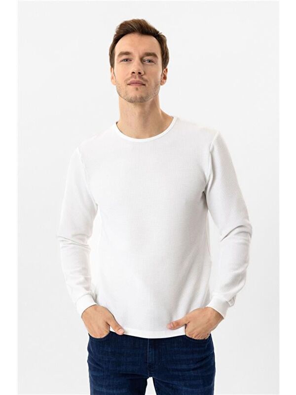 Süvari Beyaz Slim Armürlü Bisiklet Yaka Sweatshirt