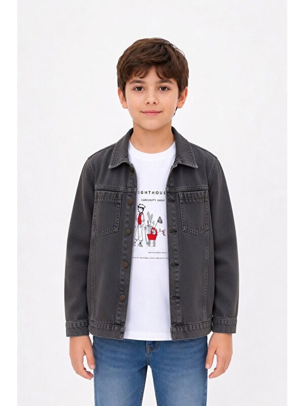 Cansın Mini Siyah Baskılı Tişörtlü Erkek Çocuk Jean Gömlek Takımı 24161