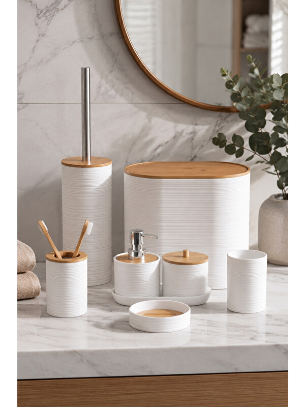 Porsima 4531 8 Parça Akrilik Banyo Seti Bambu Kapaklı Çöp Kovası ve WC Fırçası Beyaz