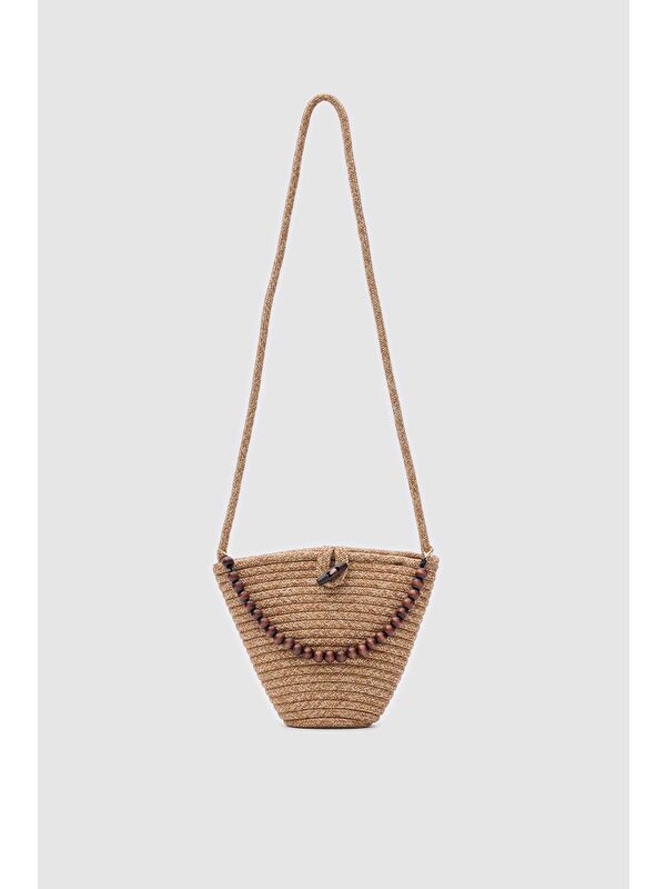 Shulebags Piccolo Handmade Boncuk Detaylı Hasır Çanta Vizon
