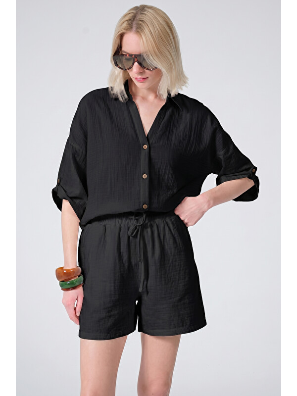 Maule %100 Pamuk Müslin Dokuma Kısa Kol Kol Apoletli Kısa Kol gömlek @Sevda