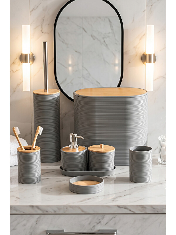Porsima 4532 8 Parça Banyo Seti - Bambu Kapaklı Çöp Kovası, Sabunluk, Diş Fırçalığı ve Wc Fırçası Gri