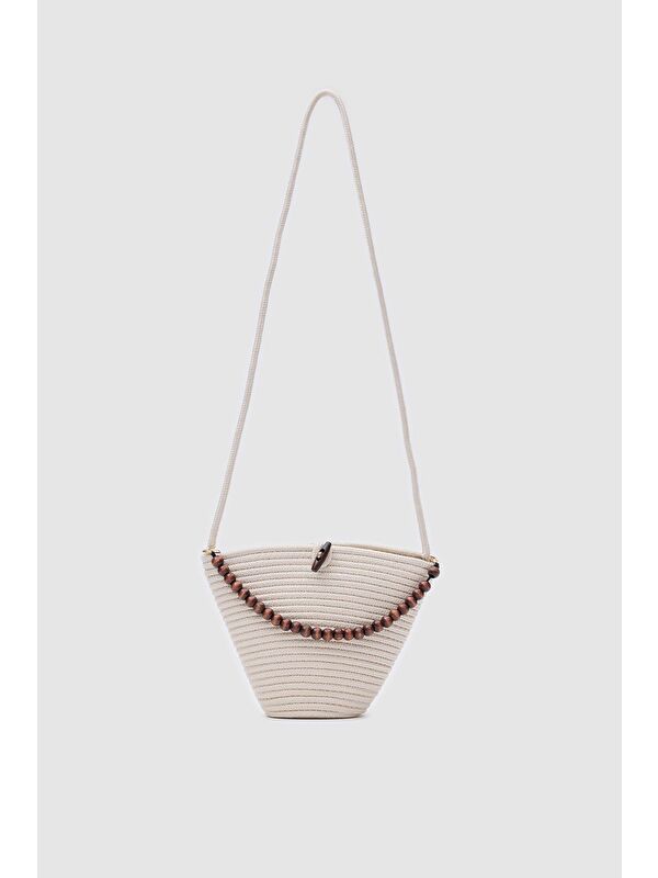 Shulebags Piccolo Handmade Boncuk Detaylı Hasır Çanta Krem