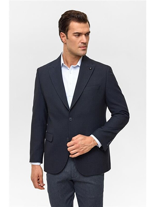 Süvari Lacivert Regular Desenli Mono Yaka 4 Drop Blazer Ceket