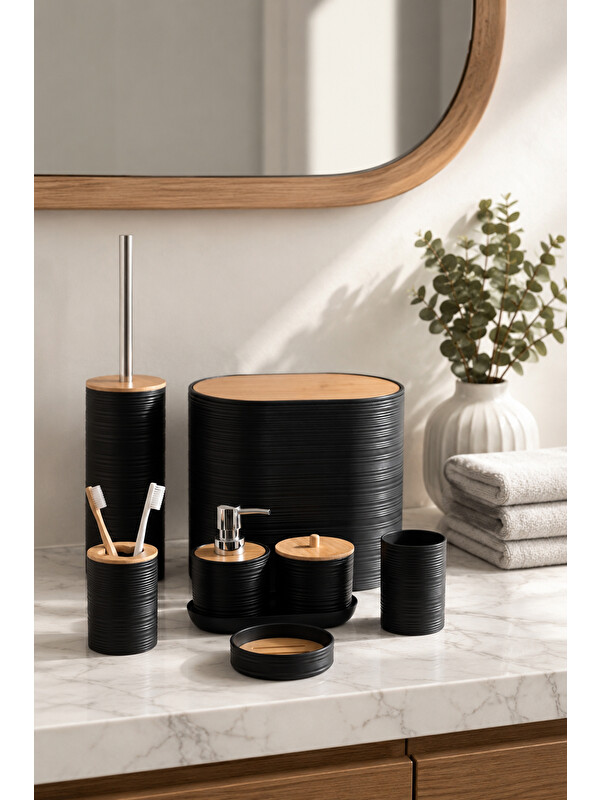 Porsima 4530 8 Parça Akrilik Banyo Seti Bambu Kapaklı Çöp Kovası ve WC Fırçası Siyah