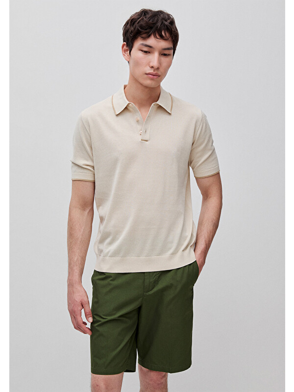 United Colors Of Benetton Erkek Taş %100 Pamuk Düğmeli Örme Dokulu Polo Yaka Triko T-Shirt