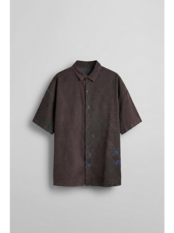 Abluka Online Erkek Kısa Kollu Desenli Oversize Gömlek Kahverengi