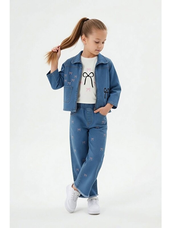 Cansın Mini Mavi Nakışlı Fermuarlı Jean Ceketli Pantolonlu Kız Çocuk 3lü Takım 24141