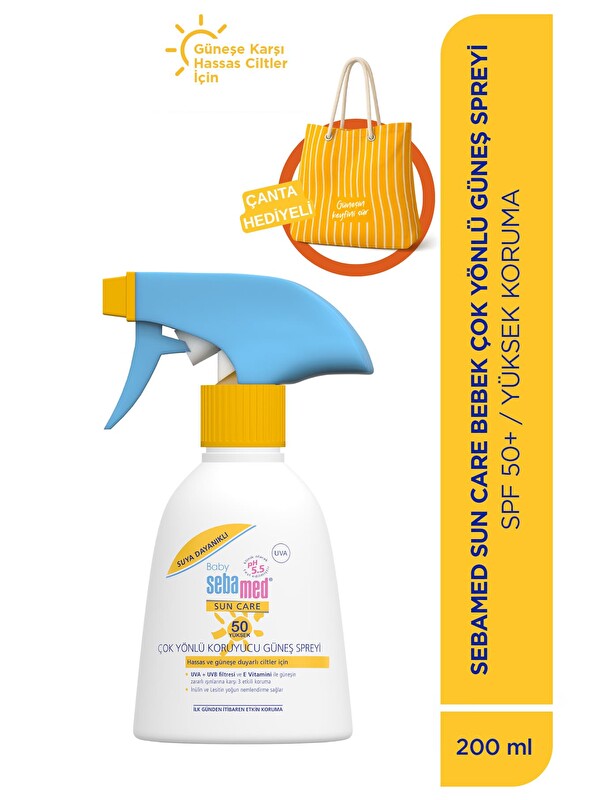 SEBAMED Baby SPF 50+ UVA Korumalı UVB Filtreli Çok Yönlü Çocuk Güneş Spreyi 200ml Seti–Mayo Çantası Hediyeli
