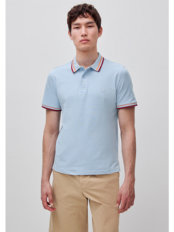United Colors Of Benetton Erkek Açık Mavi Pamuk Karışımlı Logo Baskılı Regular Fit Polo Yaka T-Shirt