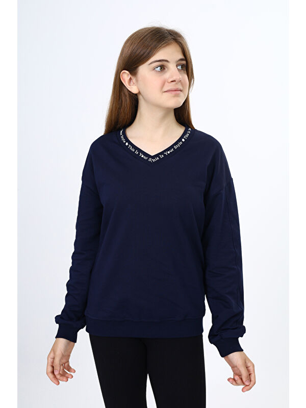 Toontoykids Kız Çocuk Regular Fit V Yaka Düşük Omuz Baskılı Sweatshirt - 2 İplik