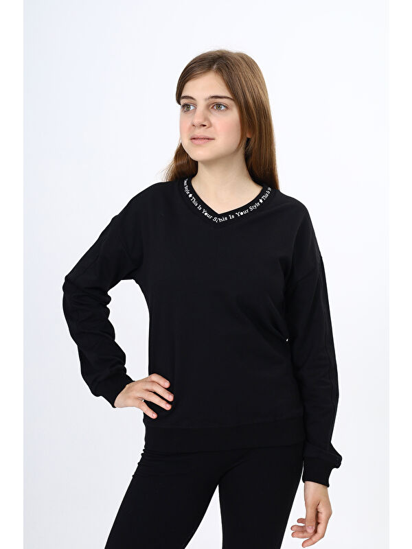 Toontoykids Kız Çocuk Regular Fit V Yaka Düşük Omuz Baskılı Sweatshirt - 2 İplik