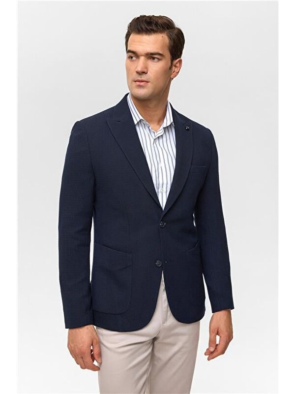 Süvari Lacivert Slim Desenli Mono Yaka 6 Drop Ceket