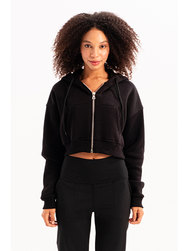 JUSTEVER Crop Kapüşonlu Fermuarlı Kanguru Cepli Şardonlu Hoodie Kadın Sweatshirt Lumen Siyah
