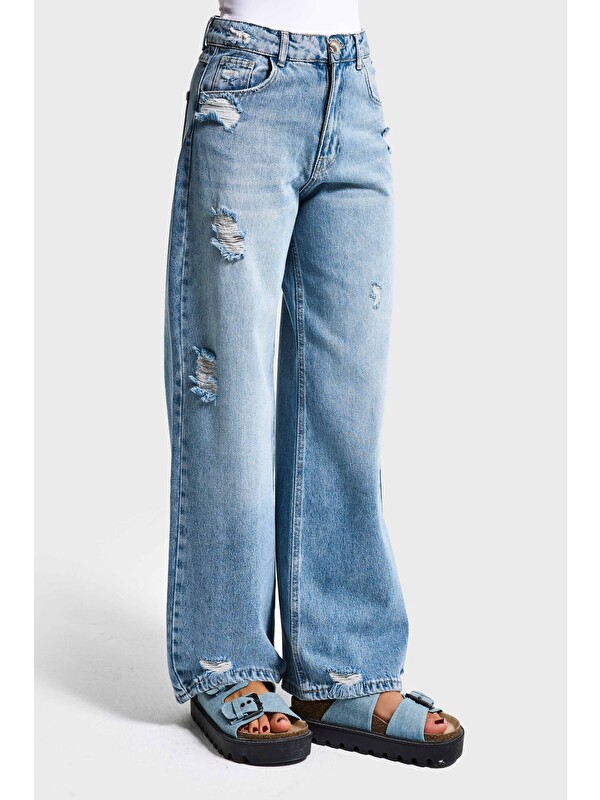 It's Basic Kadın Jean Rengi 12s6-32 Mega Baggy Fit Yırtık Detaylı Denim Jean