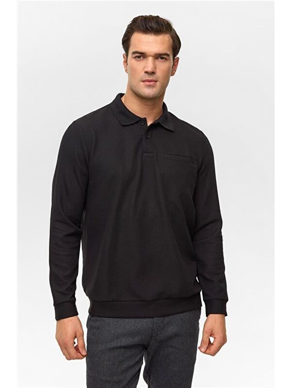 Süvari Siyah Regular Düz Polo Yaka Sweatshirt