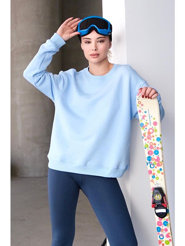 JUSTEVER Bisiklet Yaka Basic Kalıp Kadın Sweatshirt Eşofman Üstü Aura Mavi