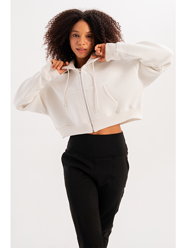 JUSTEVER Crop Kapüşonlu Fermuarlı Kanguru Cepli Şardonlu Hoodie Kadın Sweatshirt Lumen Ekru