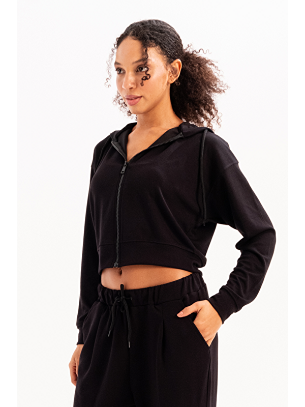 JUSTEVER Crop Kapüşonlu Fermuarlı Kadın Sweatshirt Atria Siyah