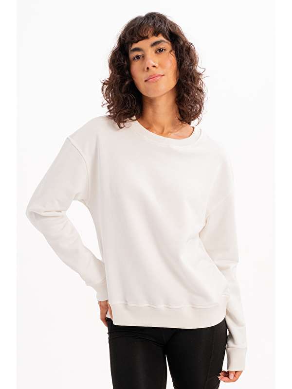 JUSTEVER Bisiklet Yaka Basic Kalıp Kadın Sweatshirt Eşofman Üstü Aura Ekru