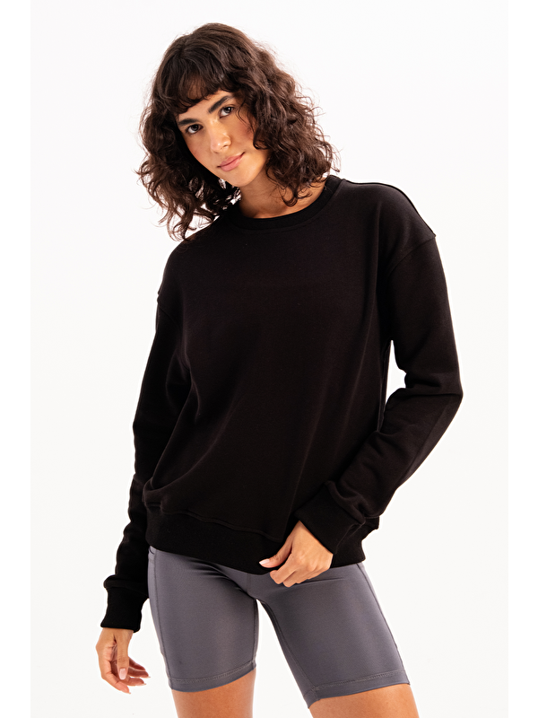 JUSTEVER Bisiklet Yaka Basic Kalıp Kadın Sweatshirt Eşofman Üstü Aura Siyah