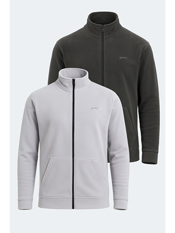 SLAZENGER SANSA 2 Lİ SET Erkek Fermuarlı Dik Yaka Cepli Gri - Koyu Gri Polar