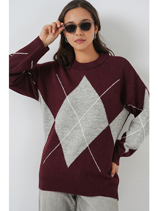 Bigdart 15895 Baklava Desenli Oversize Triko Kazak - Y.Bordo