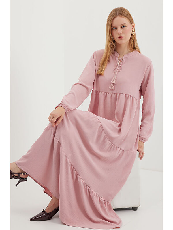 Bigdart 1627 Yaka Bağcıklı Tesettür Elbise - A. Pembe