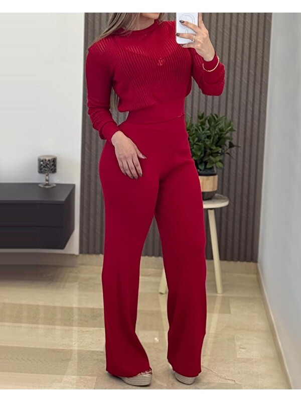 Jane's Kadın Uzun Kollu Yuvarlak Yaka Transparan Detaylı Triko Bluz Ve Pantolon Ikili Takım
