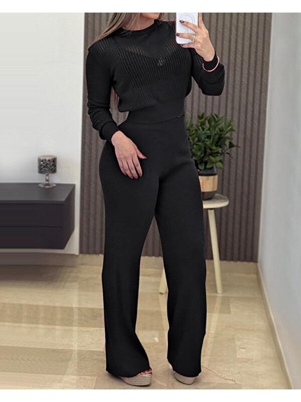 Jane's Kadın Uzun Kollu Yuvarlak Yaka Transparan Detaylı Triko Bluz Ve Pantolon Ikili Takım