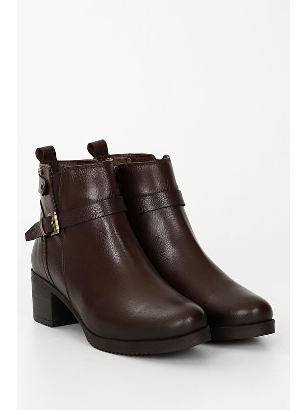 KAHVERENGİ Hakiki Deri Yuvarlak Burun Topuklu Fermuarlı Tokalı Kadın Günlük Bot 48491 - Görsel 3