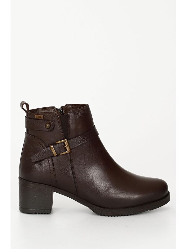 KAHVERENGİ Hakiki Deri Yuvarlak Burun Topuklu Fermuarlı Tokalı Kadın Günlük Bot 48491 - Görsel 5