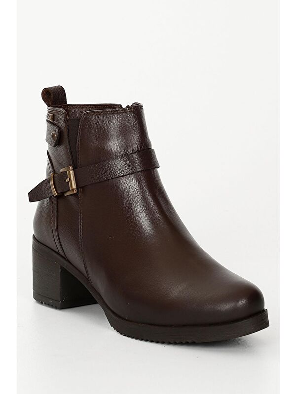 KAHVERENGİ Hakiki Deri Yuvarlak Burun Topuklu Fermuarlı Tokalı Kadın Günlük Bot 48491 - Görsel 6