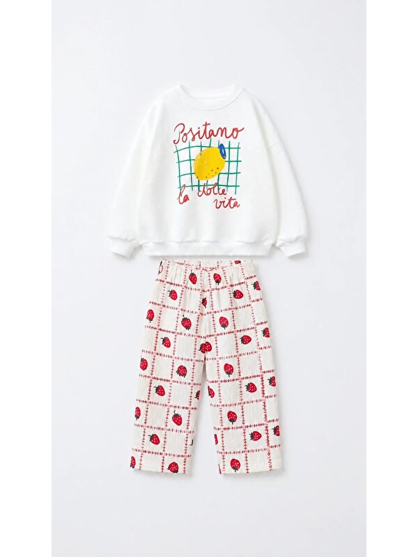 Magu Kız Çocuk Limon Baskılı Ekru Sweatshirt Ve Çilek Desenli Eşofman Takımı