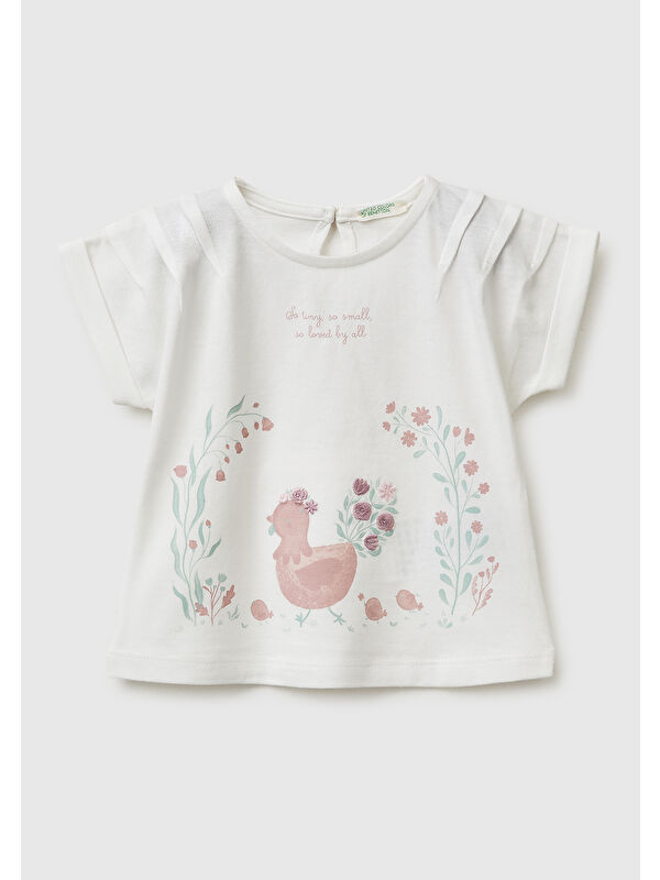 United Colors Of Benetton Bebek Beyaz Su Bazlı Baskılı İşlemeli Arkası Düğmeli Kimono Kol T-Shirt