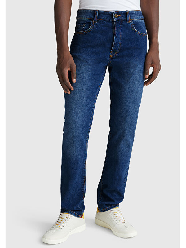 United Colors Of Benetton Erkek Koyu Mavi Pamuk Karışımlı Arkası Logo Etiketli Cepli Slim Fit Denim Pantolon