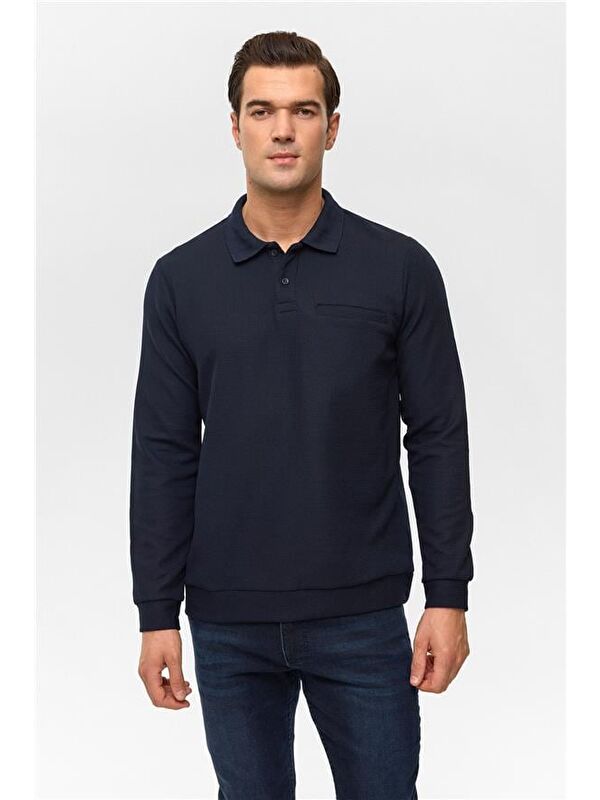 Süvari Lacivert Regular Düz Polo Yaka Sweatshirt