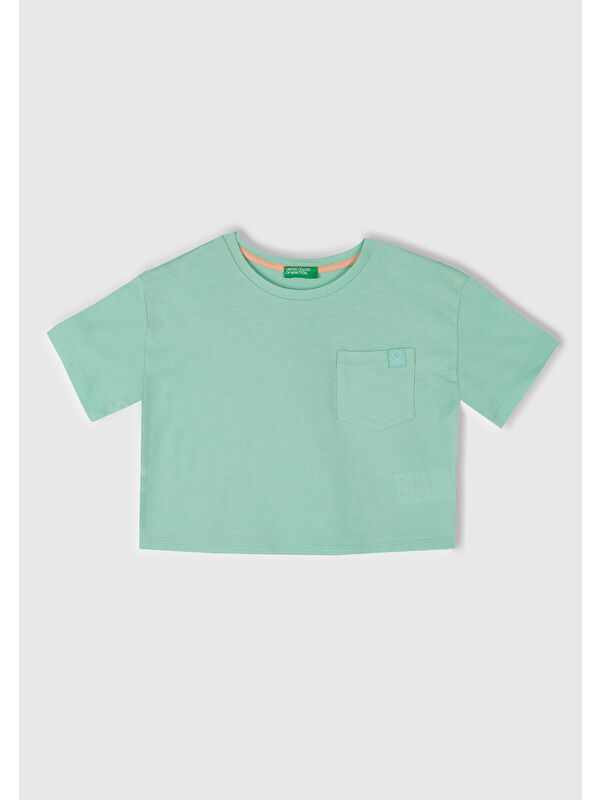 United Colors Of Benetton Kız Çocuk Su Yeşili Arkası Baskılı Yama Cepli T-Shirt