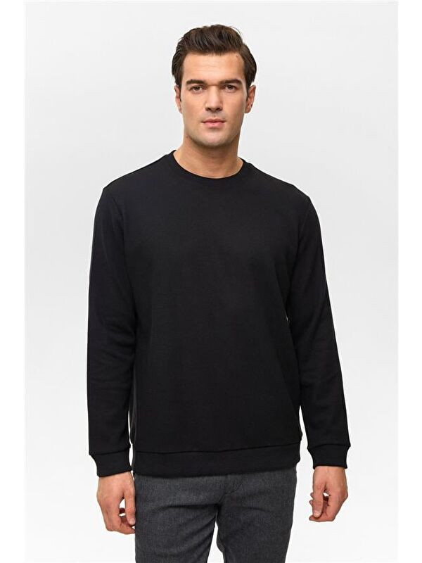 Süvari Siyah Regular Düz Bisiklet Yaka Sweatshirt