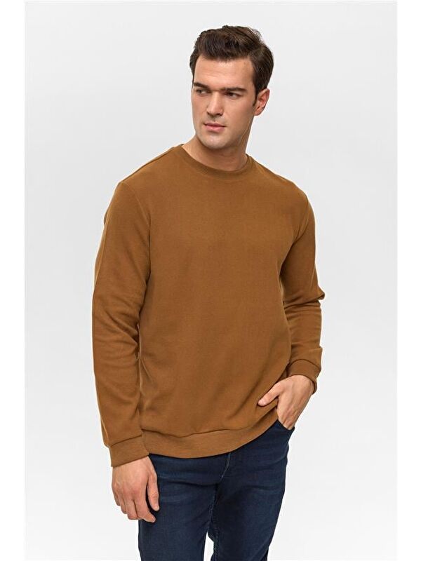 Süvari Koyu Kahve Regular Düz Bisiklet Yaka Sweatshirt