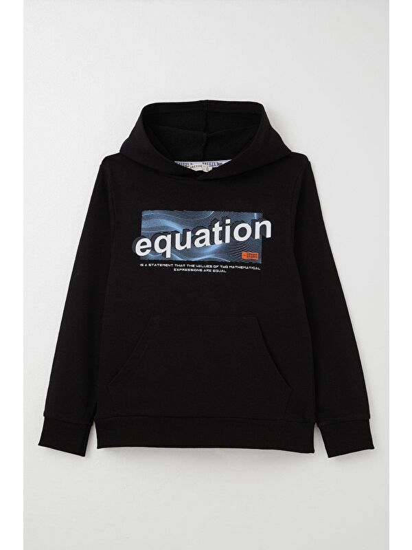 Breeze Erkek Çocuk Sweatshirt Yazı Baskılı Kanguru Cepli Kapüşonlu Siyah (8-14 Yaş)