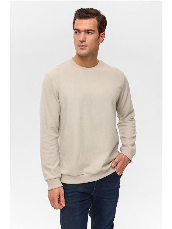 Süvari Ekru Regular Düz Bisiklet Yaka Sweatshirt