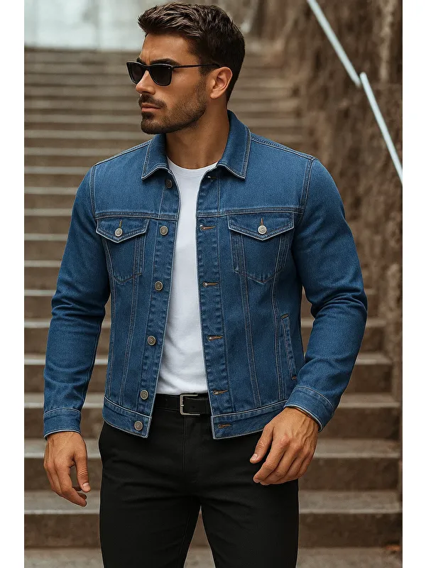 Comstar Erkek Mevsimlik Basic Günlük Trend K.Mavi Jean Ceket