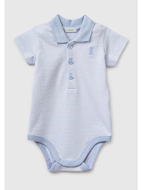 United Colors Of Benetton Bebek Toz Mavi Göğsü Logolu Çizgili Polo Yaka Çıtçıtlı Kısa Kollu Body