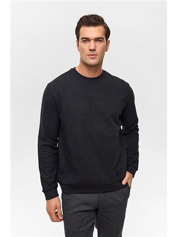 Süvari Siyah Regular Düz Bisiklet Yaka Sweatshirt